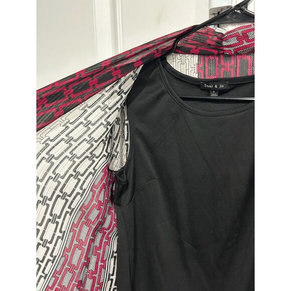 Sami & Jo Blouse Black Tank Top Attached Red White Chain Print Jacket Long Sz S - Picture 4 of 10